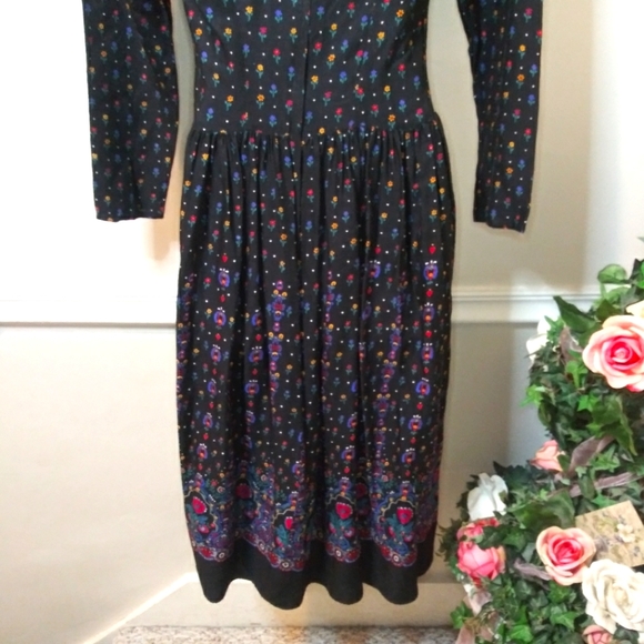 Vintage Gunne Sax Goth, Cottageore Style Lace Collared Black Floral Midi Dress - Picture 9 of 14